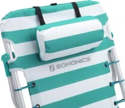 Strandstoel Met Afneembare Hoofdsteun, Draagbare Klapstoel, Campingstoel, Rugleuning Tot 180° Verstelbaar, Met Bekerhouder En Zijvak, Groene En Witte Strepen GCB62JW -Campingaz winkel 1200x1038