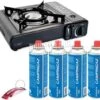 Borvat® |Draagbare Gasfornuis - Camping Kookstel - Inclusief 4 Gasflessen - Gas Stove - Gasfornuis - Kooktoestel - Outdoor - Op Reis + Gratis Smartphone Auto Magneethouder. -Campingaz winkel 1200x1055