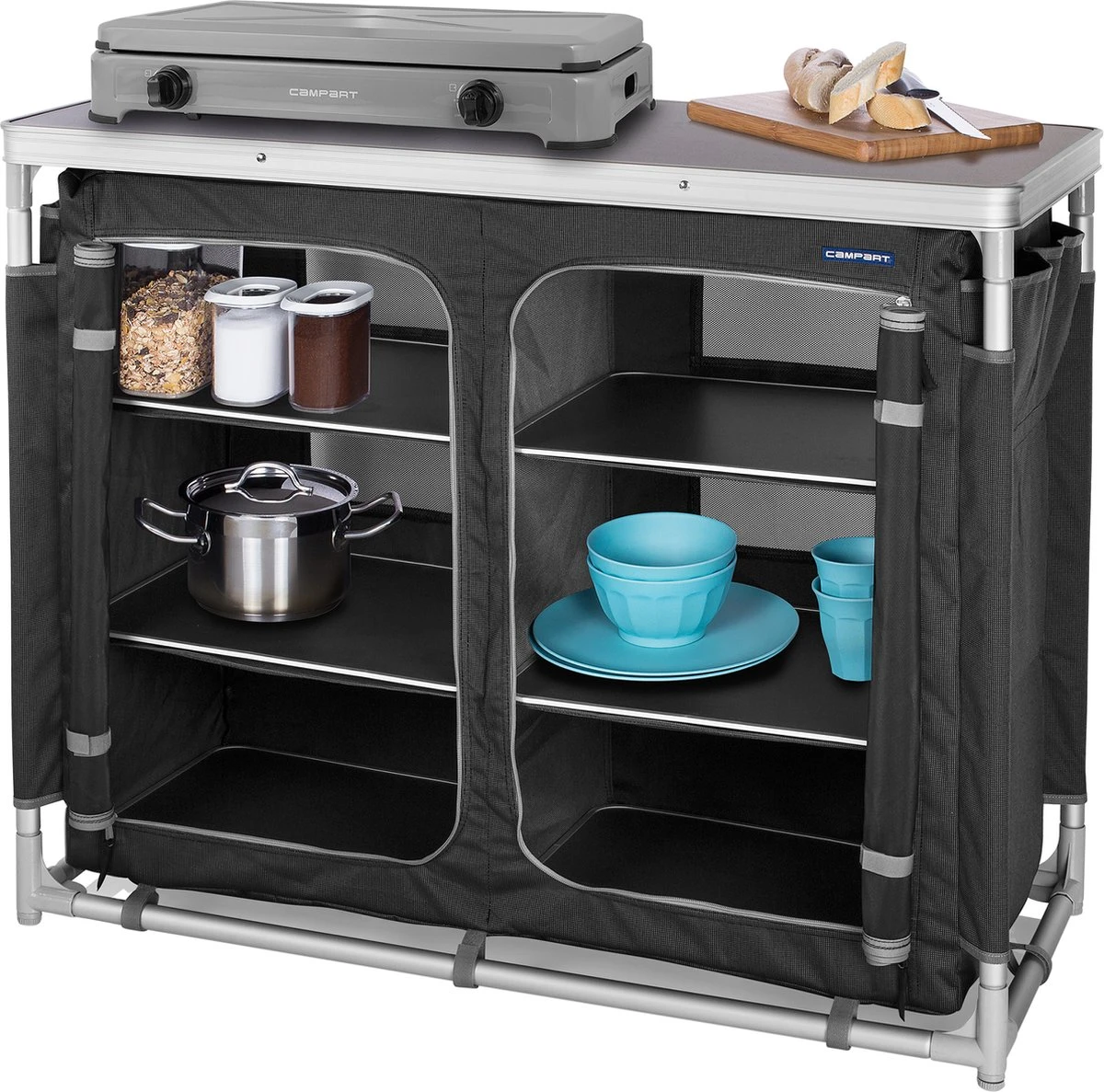 Campart Campingkeuken KI-0734 - Campingkast Groot - 4 Verstelbare Poten - Opvouwbaar En Lichtgewicht - Inclusief Opbergtas - Grijs 3 Campart Campingkeuken KI-0734 - Campingkast Groot - 4 Verstelbare Poten - Opvouwbaar En Lichtgewicht - Inclusief Opbergtas - Grijs