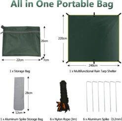 Merkloos BRGOOD Tarps - Shelter - Rechthoek - 240*220cm - Waterdicht - Met Scheerlijnen En Haringen - Geen Stokken - Voor Kamperen - Groen -Campingaz winkel 1200x1192